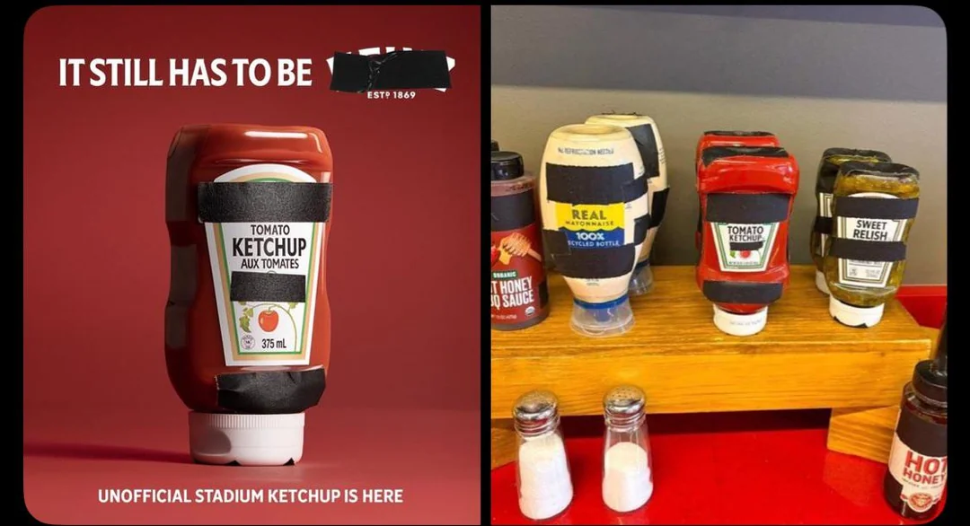 A Heinz ketchup bottle with its logo taped over on a crimson background, next to condiment bottles on a stadium counter with their branding similarly taped.