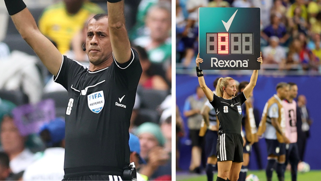 A FIFA referee holding up a stoppage-time board branded with Rexona's checkmark, alongside a close-up of a referee's underarm displaying the same mark.